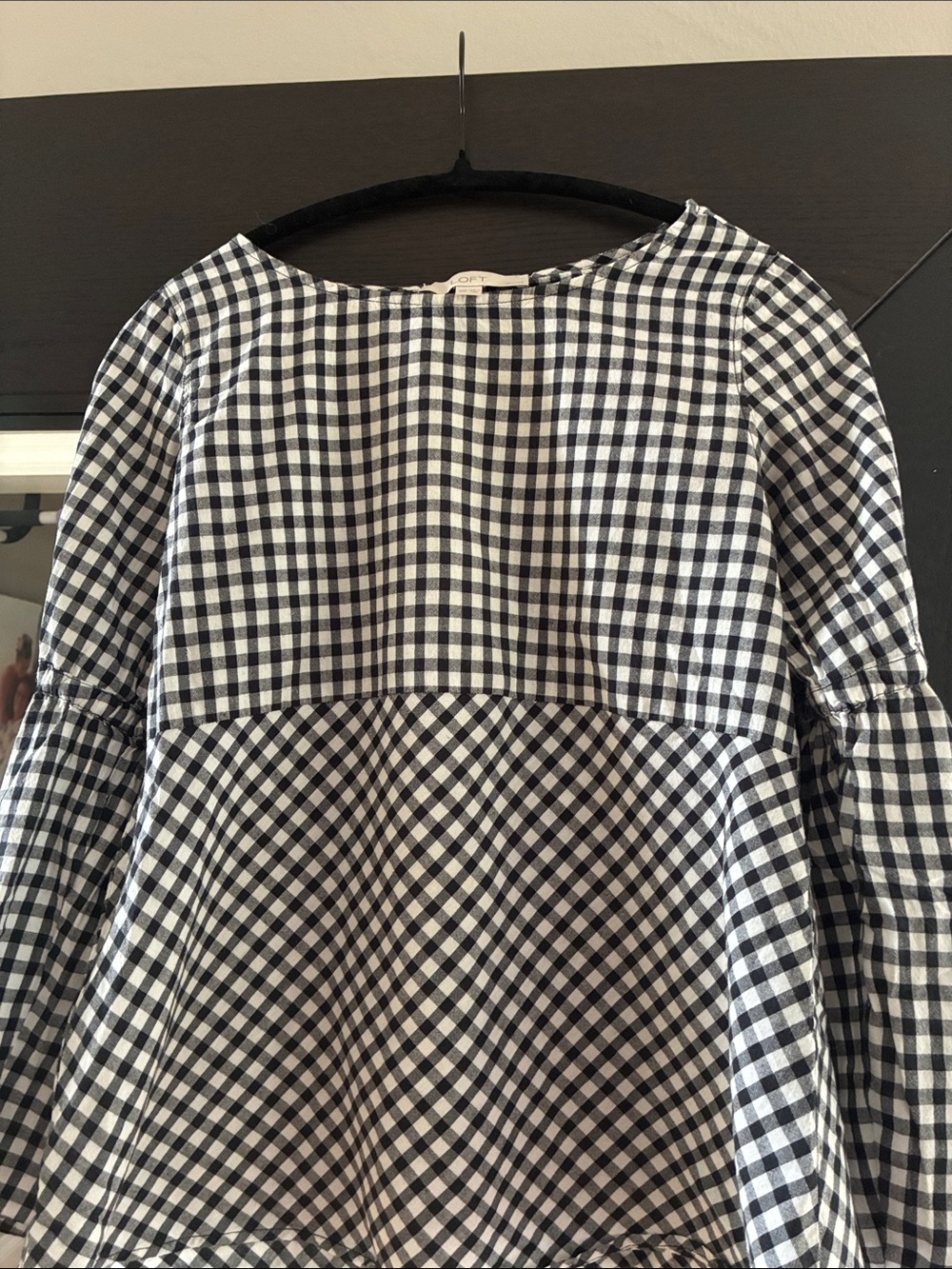 Black & White Gingham Peasant Top, XS Petite